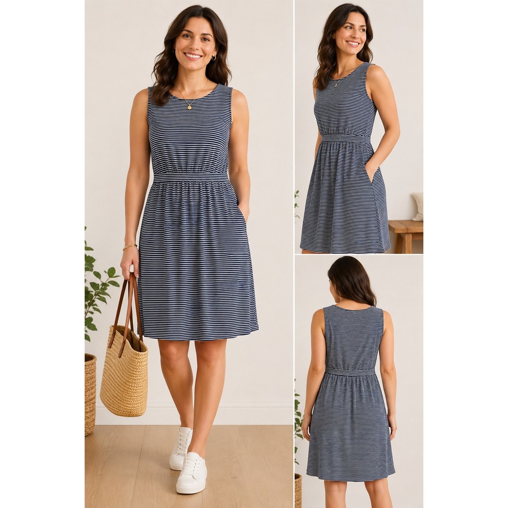 Boden Navy Blue White Striped Sleeveless Jersey Midi Dress Pockets Womens 18L